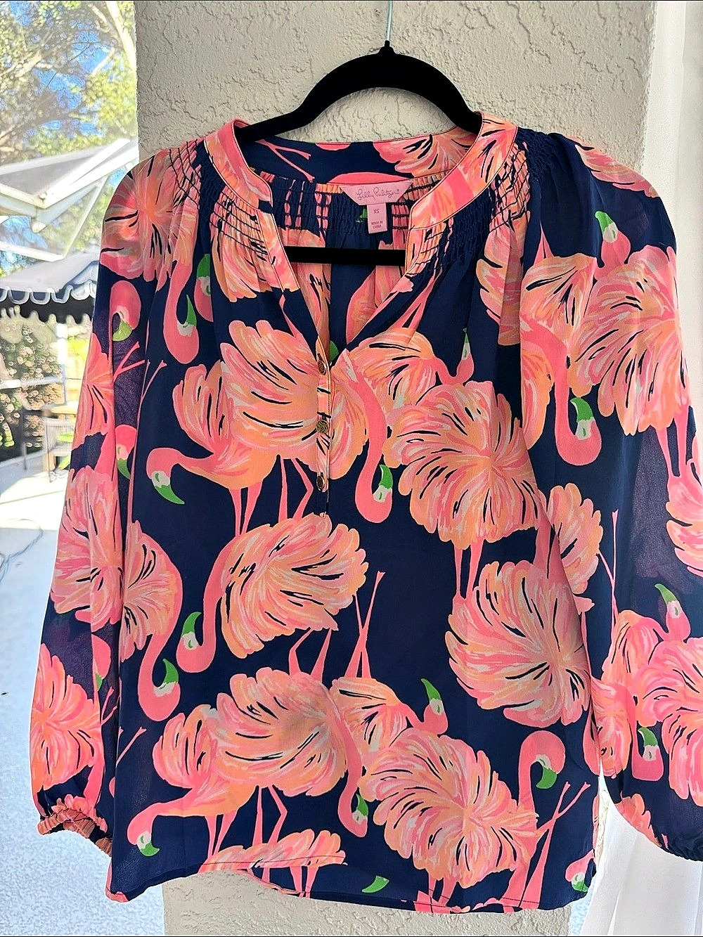 Lilly Pulitzer Elsa Silk Top Floral Blouse Blue & Pink flamingo xs